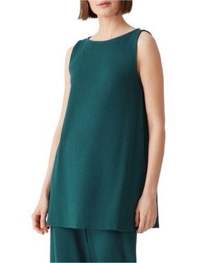 Eileen Fisher Ribbed Ballet Neck Tunic Top Organic Cotton Agean Green NEW